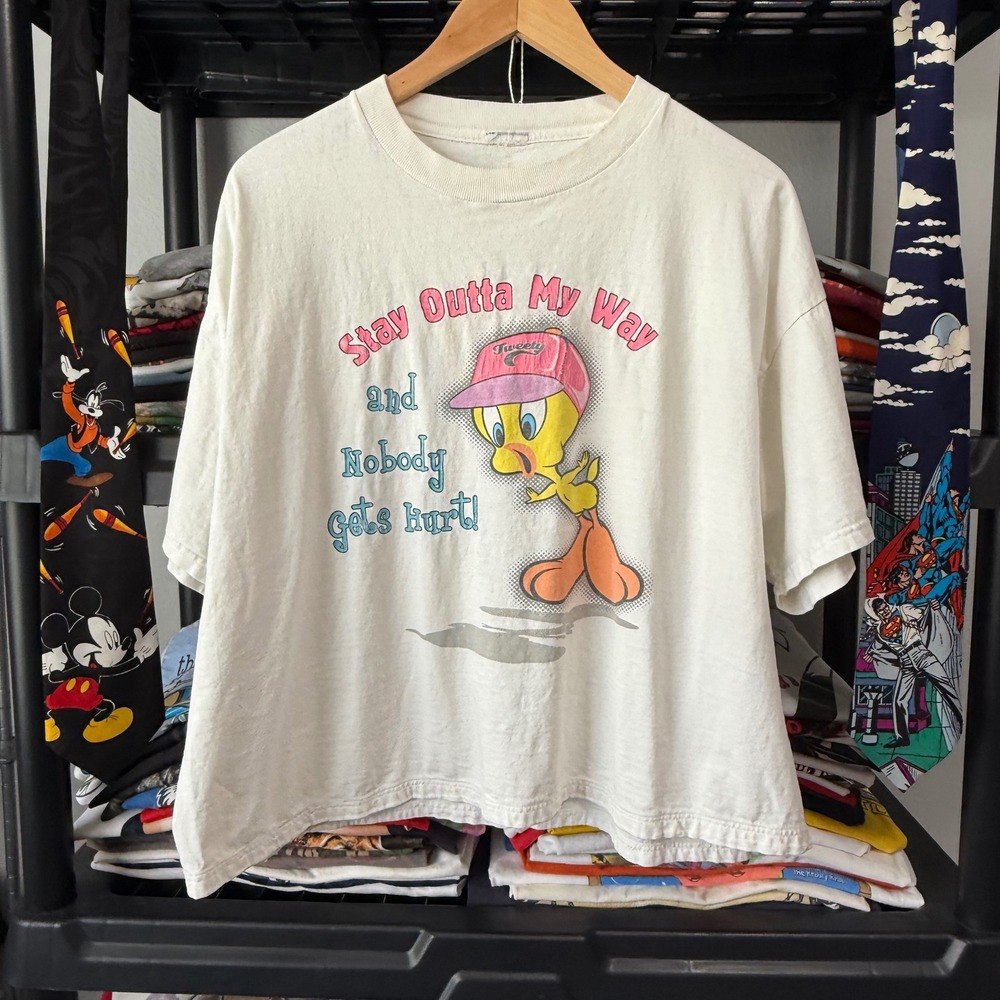 90s White Tweety Bird Stay Outta My Way Graphic Crop Top Tee Light Marks
